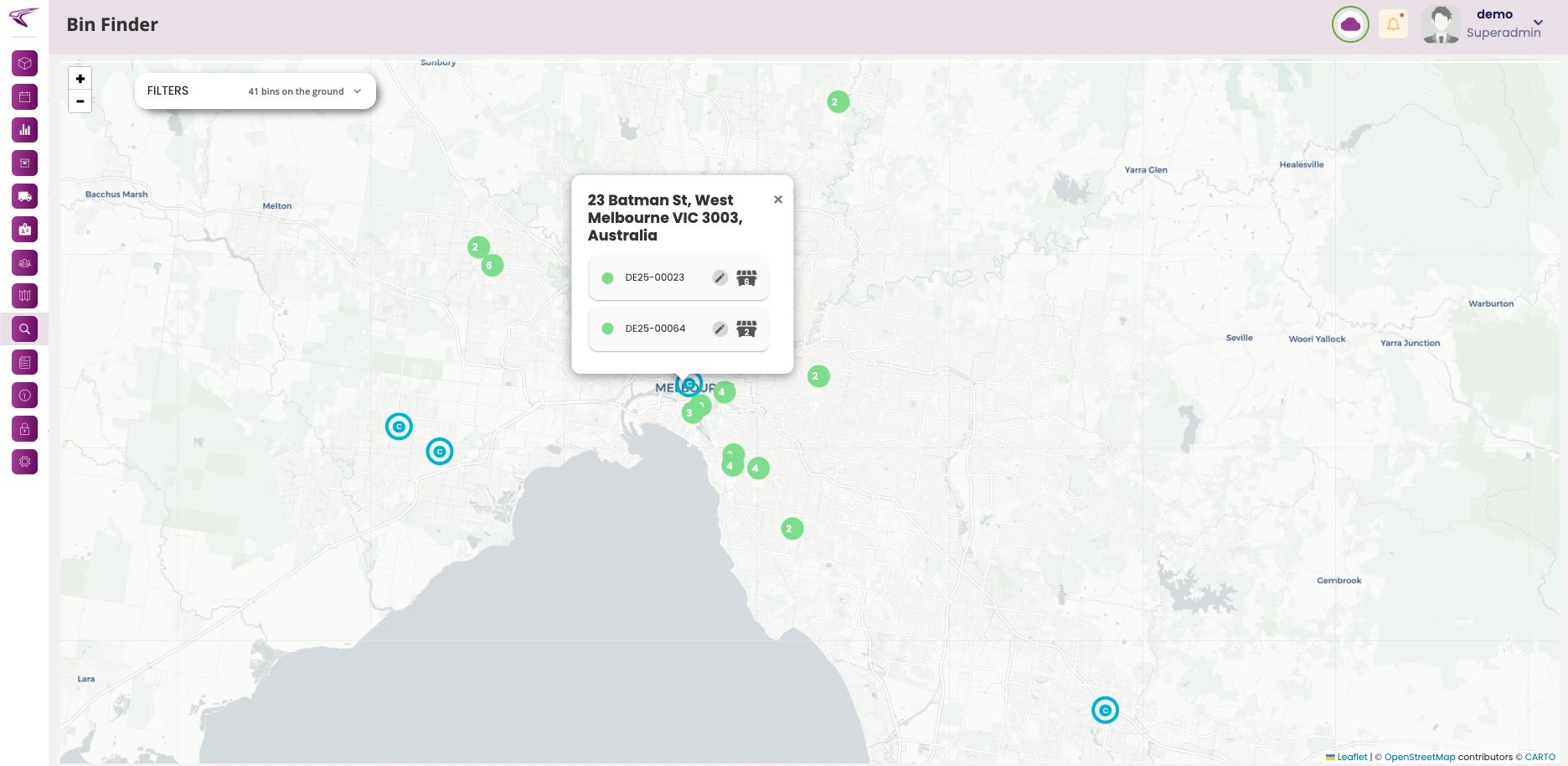 CloudBin Bin Finder map with demo bin locations, shown on an iPad