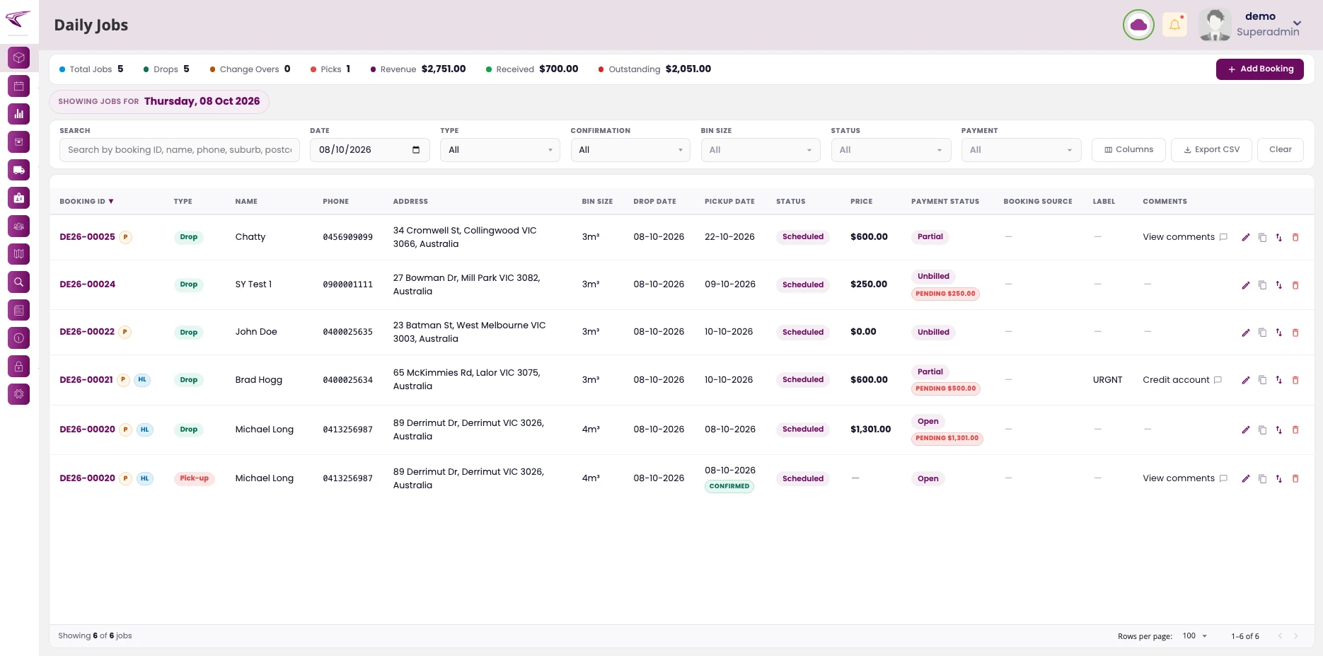 CloudBin Daily Jobs showing bookings, pickups and payment status with demo data