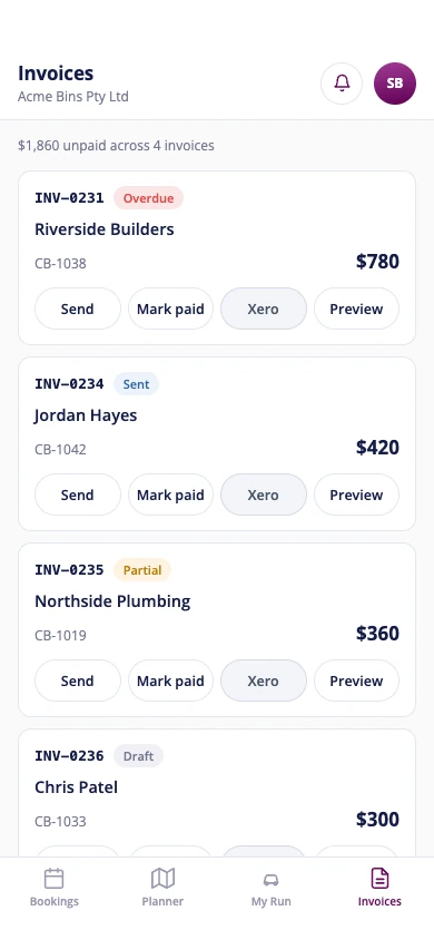 CloudBin mobile Invoices screen with demo records, shown on an iPhone
