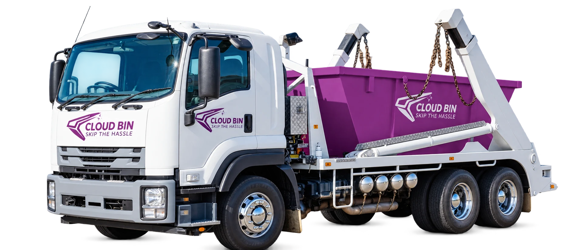 CloudBin branded truck carrying a purple skip bin